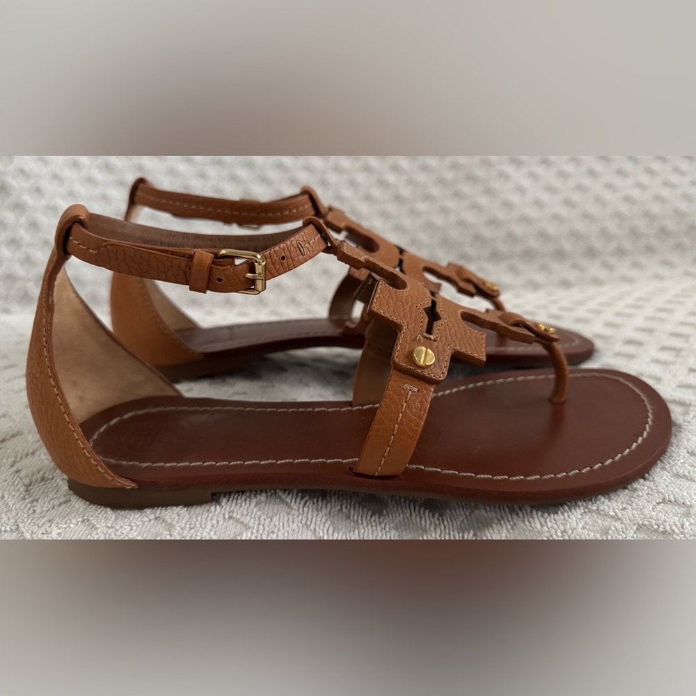 Tory Burch Phoebe Flat Thong Tumbled Leather Sandal Royal Tan Brown Size 6 30437 - Picture 7 of 16